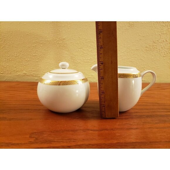 Vintage Gorham Sugar Bowl and Creamer Set Warwick Gold White Gold Trim With Lid - Picture 4 of 6
